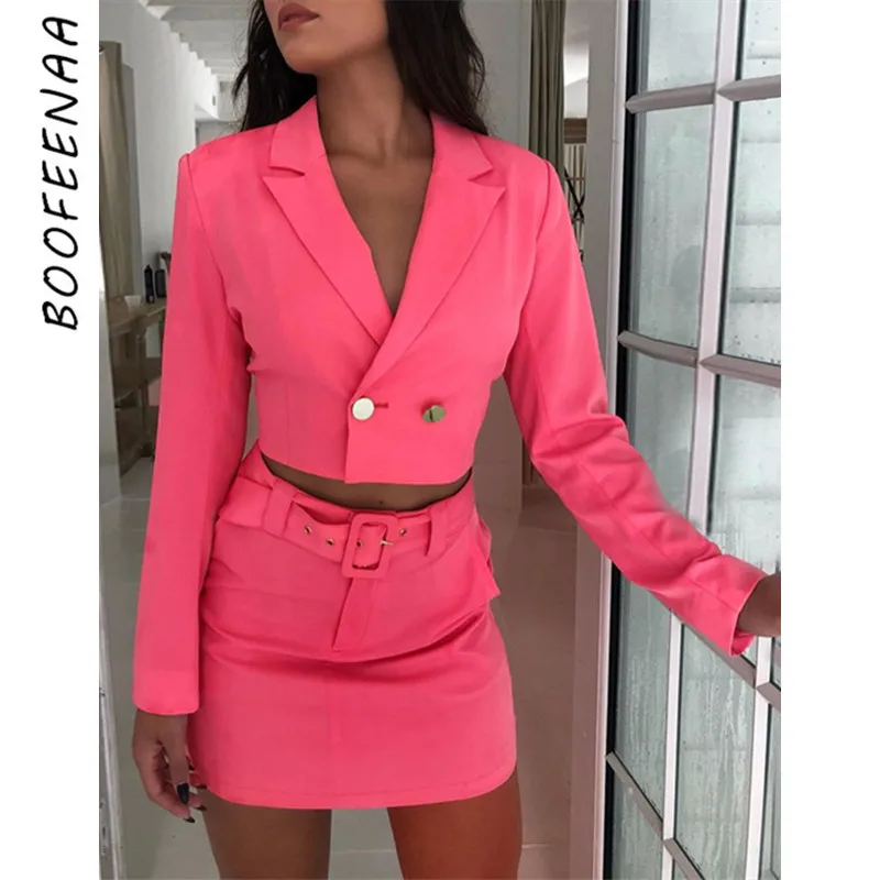 

BOOFEENAA Two Piece Set Long Sleeve Blazer and Skirt Set Office Suits for Women Sexy Fall Outfits Neon Orange Pink C70-AH61