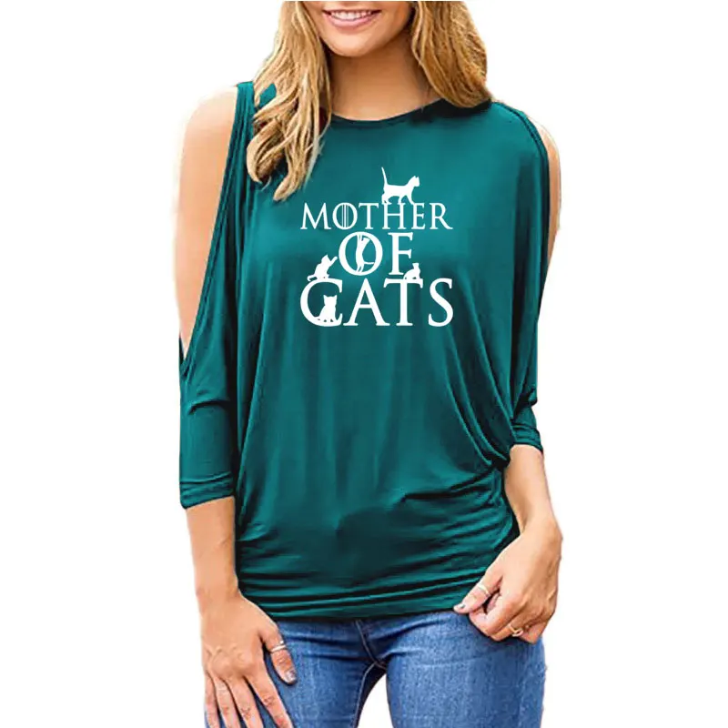 Mother of Cats Print WomenLoose shirt size with open shoulder T-shirt Cotton Casual Funny t shirt - Цвет: 7