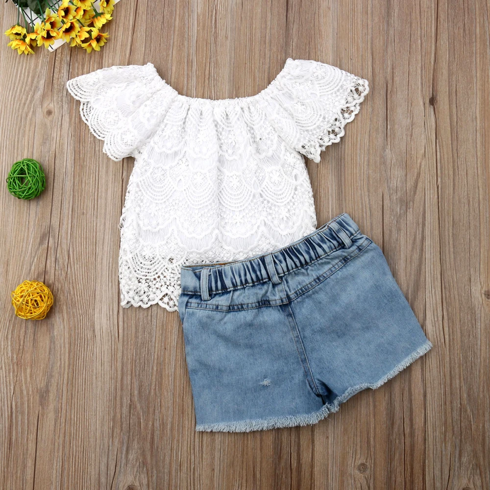 Летняя одежда для маленьких девочек; кружевные топы с цветочным принтом; джинсовые штаны; летний комплект одежды; одежда для детей