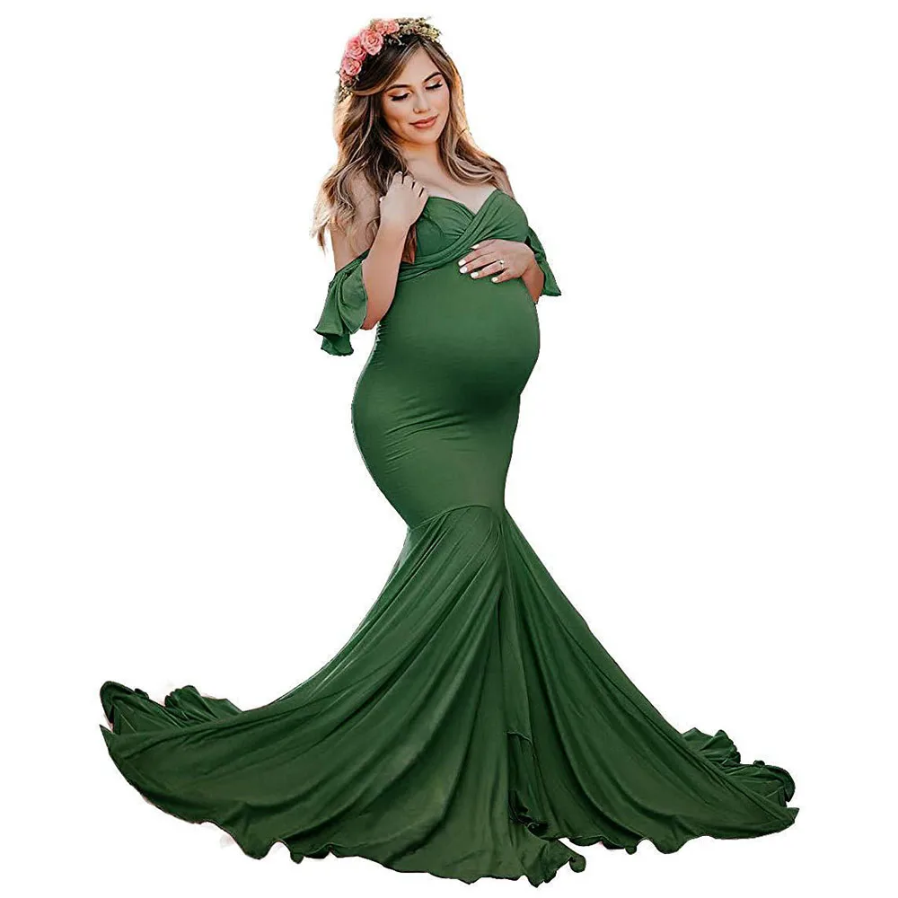 Shoulderless Maternity Dresses For Photo Shoot Sexy Ruffles Sleeve Pregnancy Dress New Maxi Gown Pregnant Women Photography Prop (02)