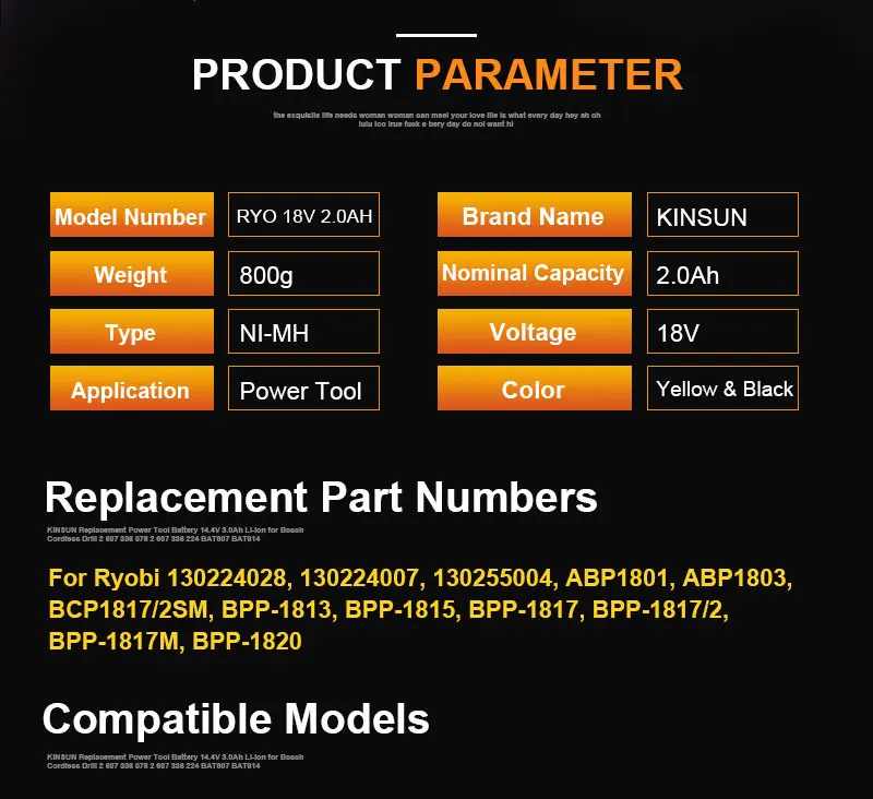 KINSUN Замена Мощность инструмент Батарея 18V 2.0Ah Для Аккумуляторная дрель Ryobi 130224028 BPP-1813 BPP-1815 BPP-1817 BPP-1820 BID-180L