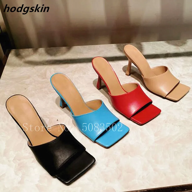 

Fashion Square Toe Thin High Heels Women's Slippers Solid Leather Outdoor Sandals Woman Dress Slides