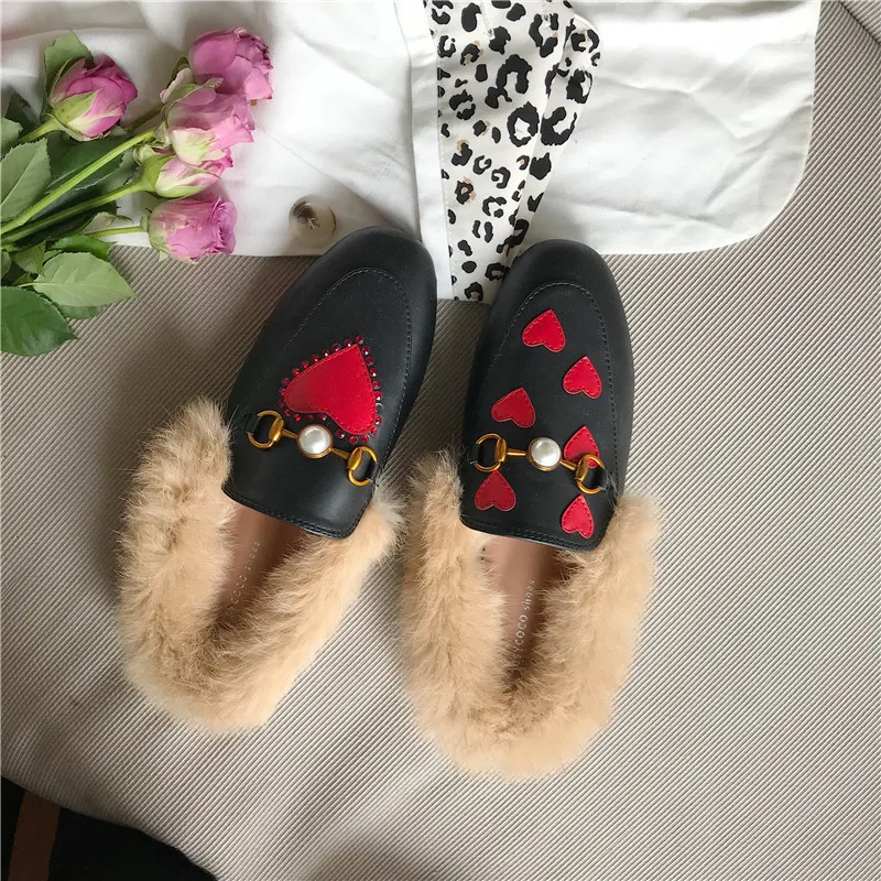 Black HTUUA/Роскошные Брендовые женские шлепанцы на меху; сезон осень-зима; однотонные туфли из искусственной кожи; женские шлепанцы на плоской подошве без застежки; SX3355 - Цвет: Black