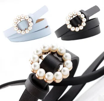 

Fashion Belts For Women Casual Sweet Long Round Pearl Buckle Decorative Thin PU Leather Belt Waistband