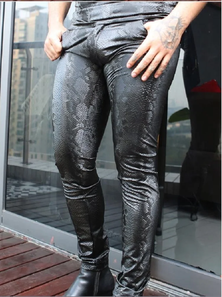 Men Trousers Men Snake Skin Texture PU Leather Lining Fleeces Skinny Bottoms Pencil Pants Velvet Legging Warm Motorcycle Punk Casual Trousers men trousers leather pants skinny pants