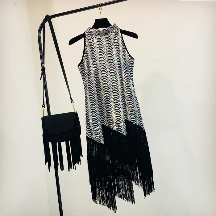 

2019 Summer Ladies Urban Sequins Tassels Panicle Stitching Necklace Hip Vest Irregular Mid-calf Dress Women Formal Dress