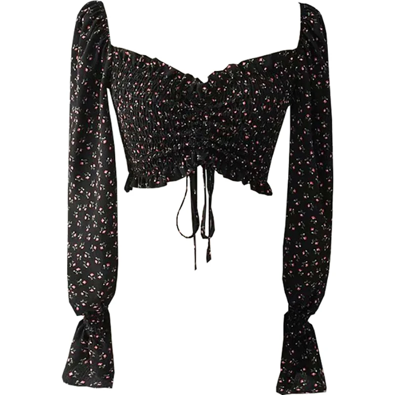BKCJQA Ladies Early Autumn Retro Square Collar Small Floral Long-Sleeved Shirt Female Drawstring Umbilical Shirt