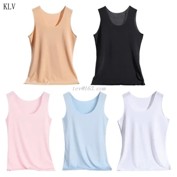

Womens Summer Seamless Tank Top Wide Shoulder Straps Ice Silk Traceless Slim Vest Solid Color U-Neck Basic Underwear