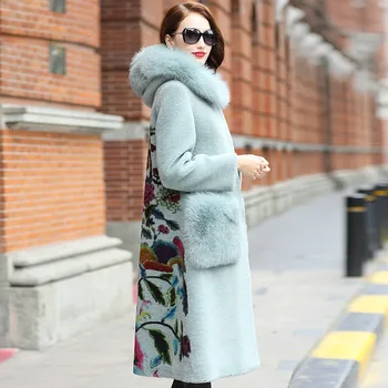 

Winter Clothes Real Fur Coat Women Fox Fur Collar Long Wool Jacket Print Woman Coats Korean Abrigo Mujer HQ18-MC05C KJ2496