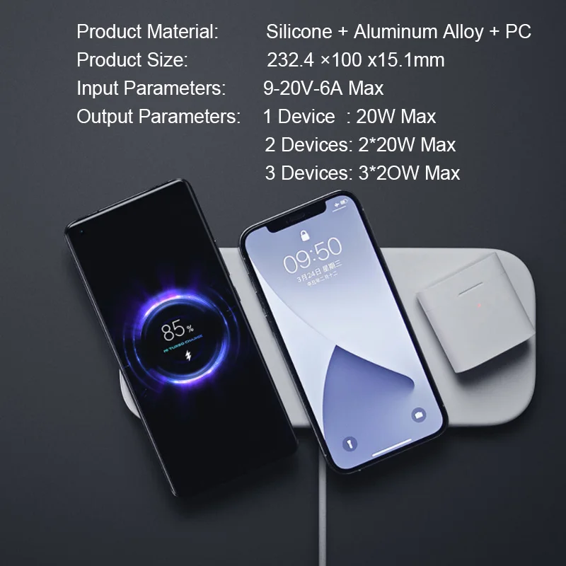 Xiaomi Mi Multi-coil Wireless 20W Max Fast Charging Board Support 3 Devices Compatible Recharge With 120W Charger and 6A Cable Power Adapter Power Charger