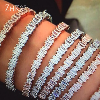 

ZAKOL Fashion AAA Cubic Zirconia Baguette Bracelet Bangle White Color Cuff Copper Base Bride Wedding Jewelry For Women FSBP138