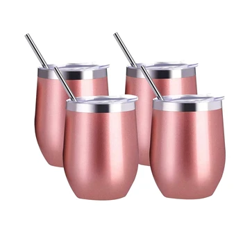 

4 Pack 12 Oz Stainless Steel Stemless Wine Glass/Mug,with 4 Straws Insulated Thermal Wine Tumbler with Lids for Coffee
