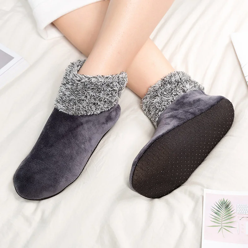 Dark grey Носки-тапочки Нескользящие женские утепленные шерстяные теплые зимние высокие носки гетры ковер для дома однотонные носки - Color: Dark grey