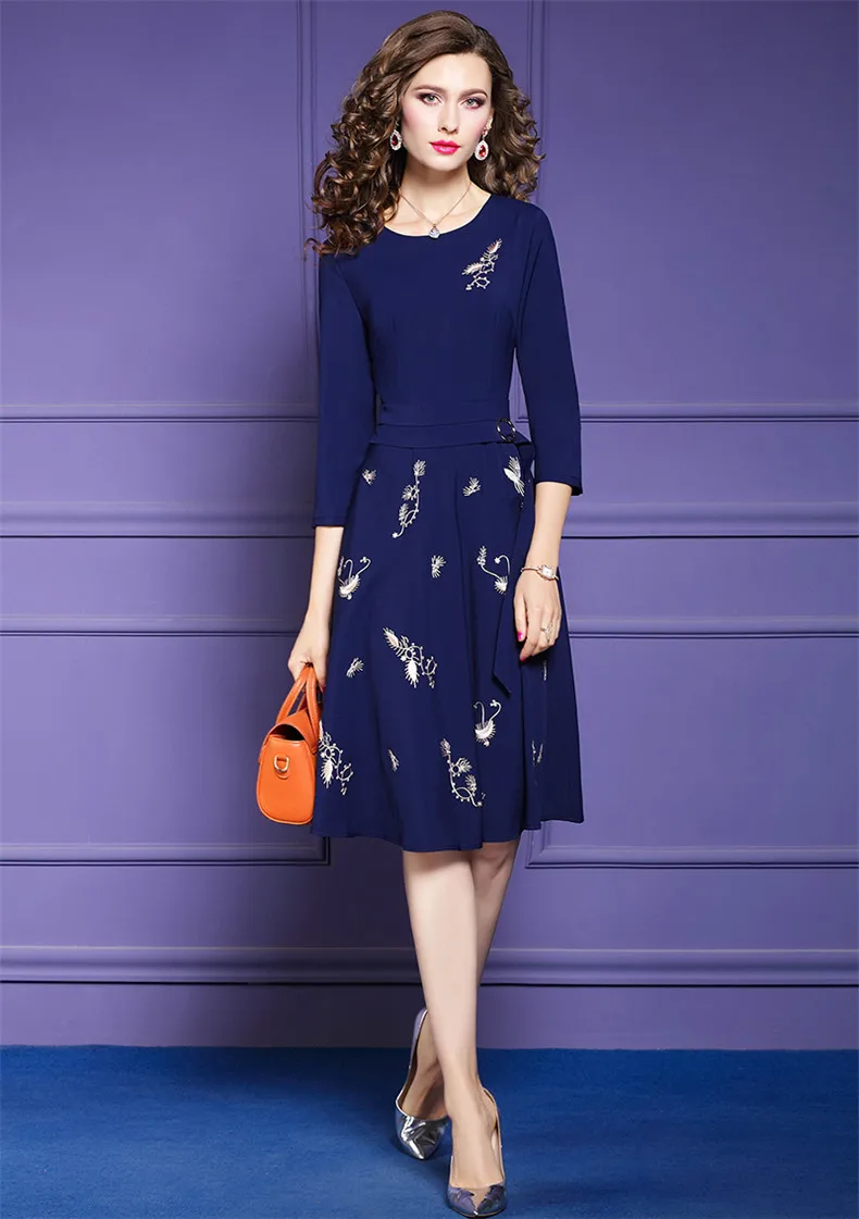 TESSCARA женское осеннее элегантное платье с вышивкой Женская Офисная Женская одежда для вечеринки Высококачественная дизайнерская повседневная темно-синяя Vestidos