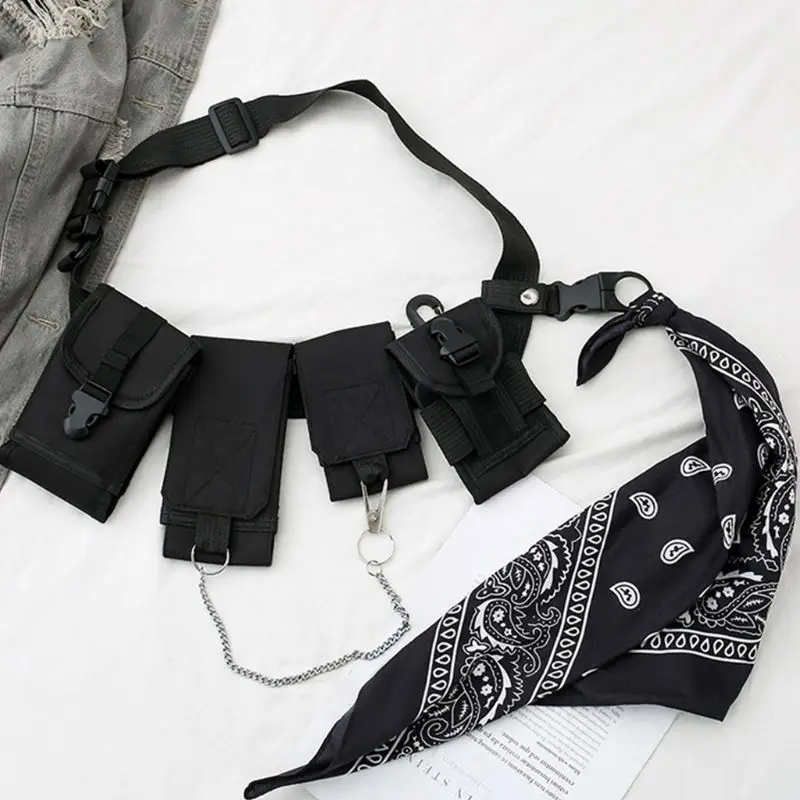 Men Chest Tactical Waist Bag Multi-pocket Shoulder Bags Phone Pouch with Scarf Boy Fashion Fanny Pack