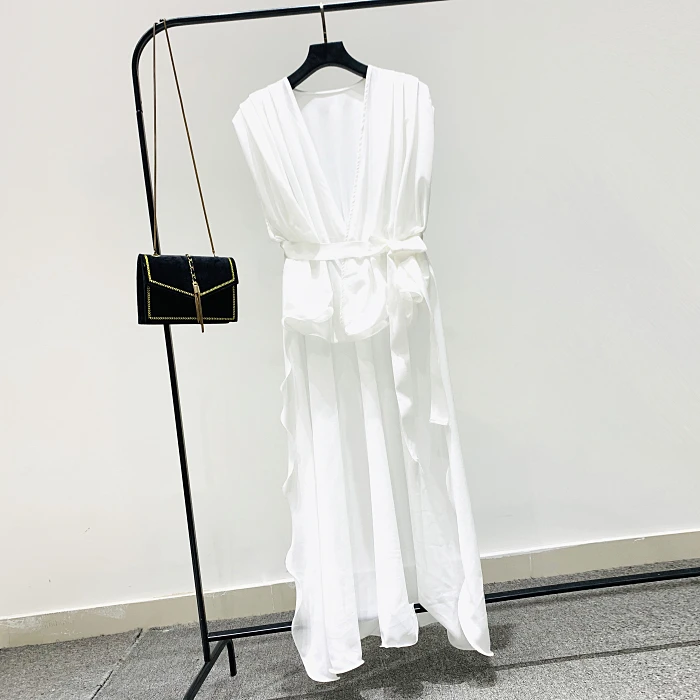 2020 Spring Summer V-neck Sexy Belt Waist Beach Shirt Summer Holiday Seaside Slit Top Irregular Blouse Female Blusas Blusa - 4.00068E+12