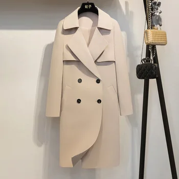 

Trench-Coat Office Vintage Apricot Winter Women Female Double-Breasted Solid Sashes Outwear Waistcoat