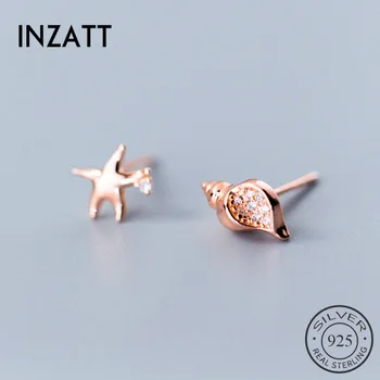 

INZATT Real 925 Sterling Silver Zircon Conch Starfish Stud Earrings For Fashion Women Party Asymmetry Fine Jewelry Cute Gift
