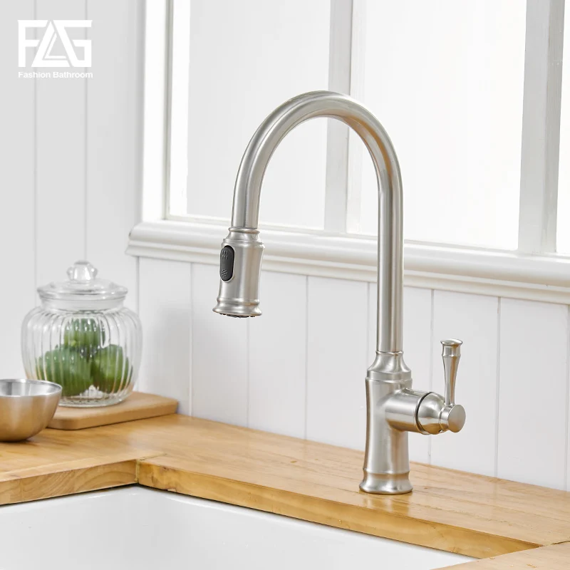 

FLG Kitchen Faucets Brushed Nickel Single Handle Pull Out Kitchen Tap Single Hole Handle Swivel 360 Degree Water Mixer Tap