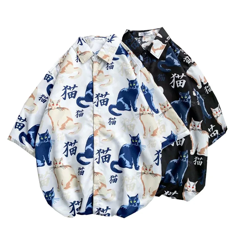 Fashion Mens Short Sleeve Hawaiian Shirt Fast drying Plus Size Asian Size M-3XL Summer Casual Cute cat Beach Shirts For Men