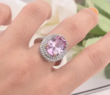 

Big oval gemstones pink crystal zircon diamonds rings for women white gold silver color luxury jewelry bijoux bague party gifts