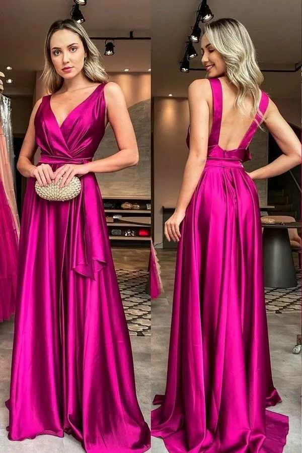 

Elegant A-Line Satin Evening Dresses Long فساتين السهرة Fuchsia V-Neck Robe De Soiree Longue Party Dresses for Women