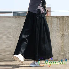 Spring and Summer Plus Size 5XL 6XL XXL Vintage Casual Black Cotton and Linen Female a line Pleated Long Skirts With Womens