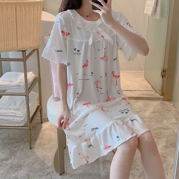 

Sweet Lace Princess Nightgowns for Women 2020 Summer Short Sleeve Print Sleepwear Night Dress Girls Home Dress Nightdress Nighty