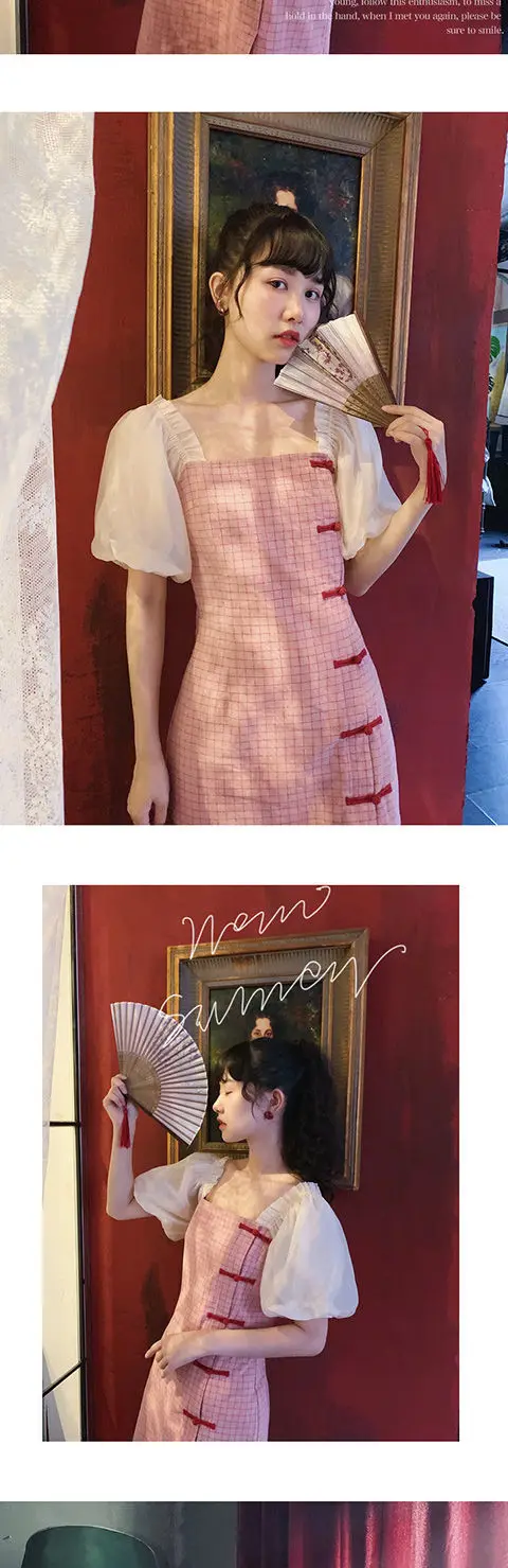 Pink Plaid Women's Dress Cheongsam Chinese Style Chiffon Sleeve Skinny Bodycon Dress Sexy Vintage Dress Harajuku Summer Vestidos
