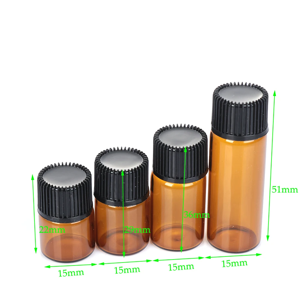 1/2/3/5ml Mini Essential Oil Bottle Jar Orifice Brown Reducer & Cap Refillable Bottles Glass Vials Cosmetic Containers 10PCS Mini Perfume Bottle