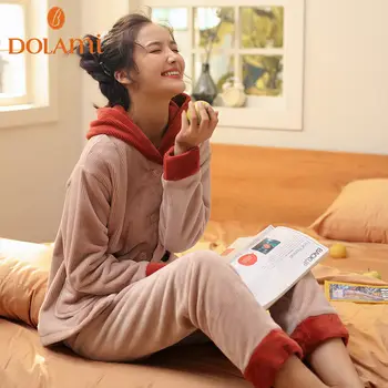 

Fashion 2pcs/Lot Autumn Winter Women Pajamas Sets Velvet Sexy Warm Homewear Pijama Pyjamas Suit For Women Hooded Home Suits