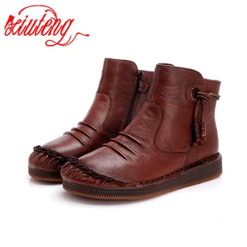 

Xiuteng Women Boots Leather Black And Brown Ankle Booties Non-slip High Quality Winter Short Boots with Side Zipper