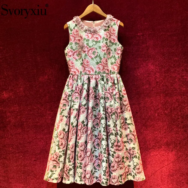 

Svoryxiu luxury Custom Summer Vintage Jacquard Dress Women's Manual Beaded Applique Flower Print Sleeveless Runway Midi Dresses