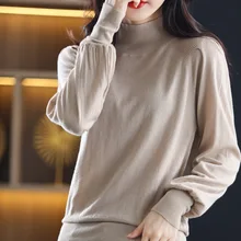 

2022 Spring New Style Semi High Neck Sweater Women's Pullover Versatile Sweater Loose Solid Color Knitted Bottomed Shirt Top