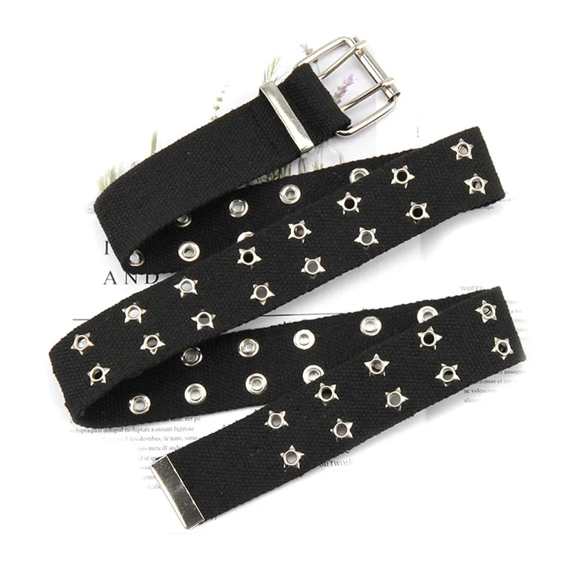

Gothic Punk Style Rivet Studded Belt Women Fashion Double Row Eyelet Pin Buckle Jeans Trousers Pants Canvas Waistband Accessory