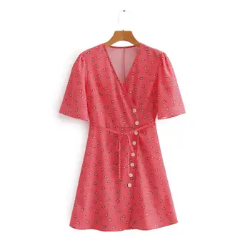 

New 2020 Women Elegant V Neck Flower Print Dot Wrap Dress Female French Short Sleeve Buttons Vestidos Chic Casual Dresses