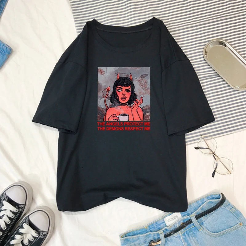 Винтажные летние топы Harajuku с надписью Devil веселые свободные коротким рукавом в