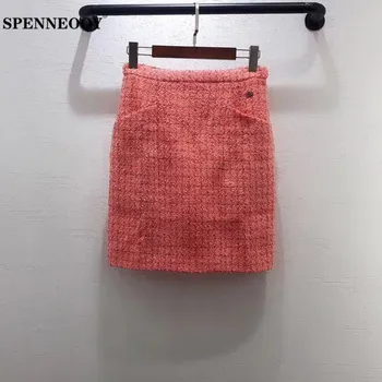 

SPENNEOOY Designer Custom Runway Women Summer Solid Coarse Weaving Skirt Ladies Pocket Button Fashion Streetwear Short Skirts