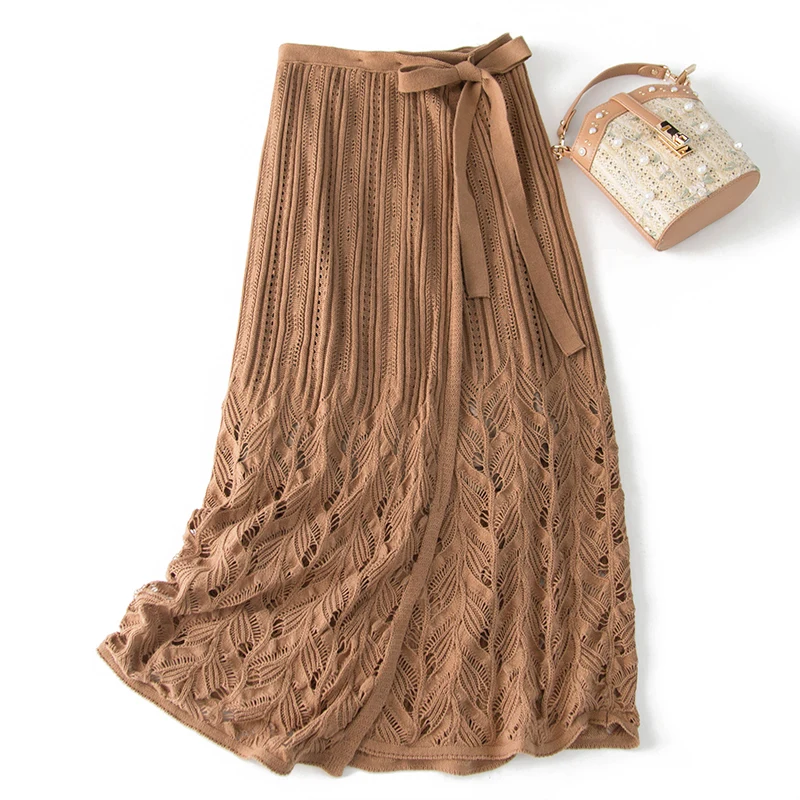 

Shuchan Wool Skirts Hollow Out Vintage Solid A-Line Lace-Up Ankle-Length Maxi Skirt Designer Women Clothing 2019 High Quality