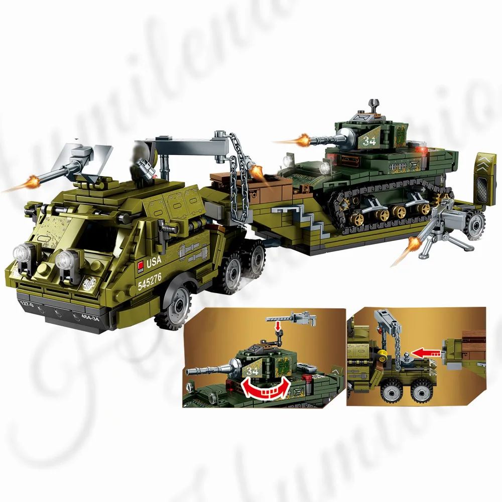 

2019 World War 2 WW2 Soldiers Armored Vehicle Heavy Trailer Tank Military SWAT Army Building Blocks Bricks Educational Toys