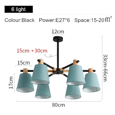 Нордическая E27 люстра, современная деревянная люстра для дома, столовой, гостиной, Подвесная лампа, железные художественные светильники - Цвет абажура: Black 6 light