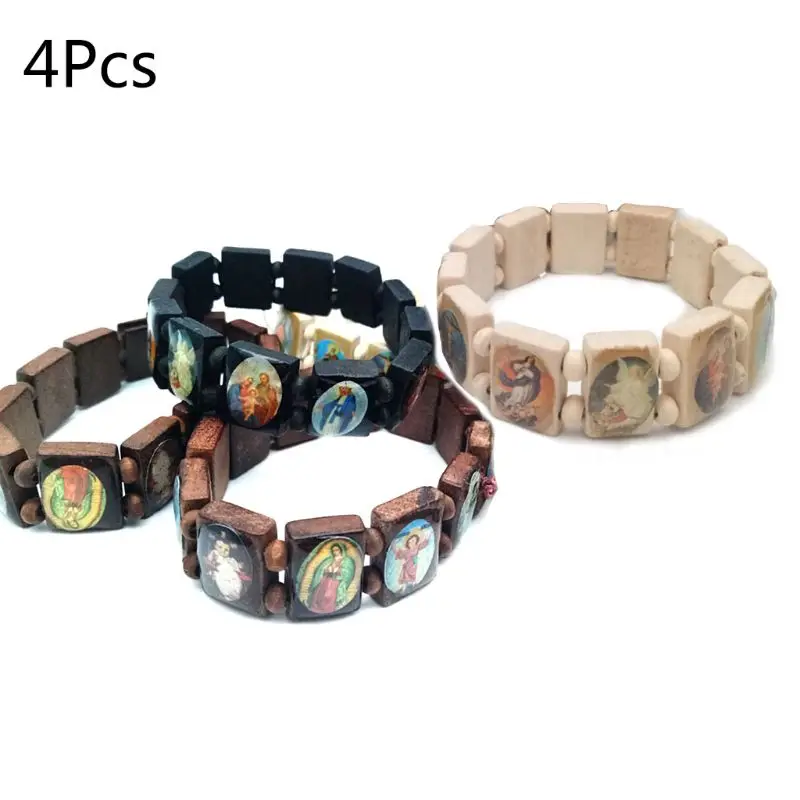 

2020 New 4pc Catholic Jewelry Christian Supplies Wooden Icon Elastic Bead Bracelet Gift