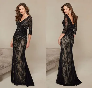 

Formal V Neck Vestido de festa Mermaid Black Lace Evening gown 2018 abendkleider 3/4 Long Sleeve Mother of the bride Dresses