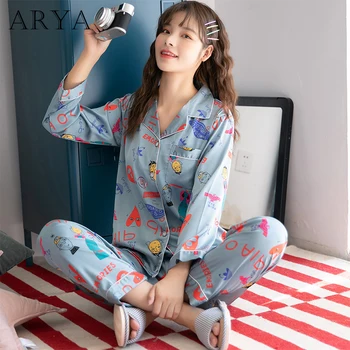 

2019 ARYA Pajamas Women Spring and Autumn Ladies Ice Silk New Girls Loose Long-sleeved Trousers Lapel