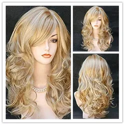 SuQ Women Classic Long Culry Wig Hair Synthetic Natural For Women Cosplay Mixed Blonde Heat Resistant Daily Wigs