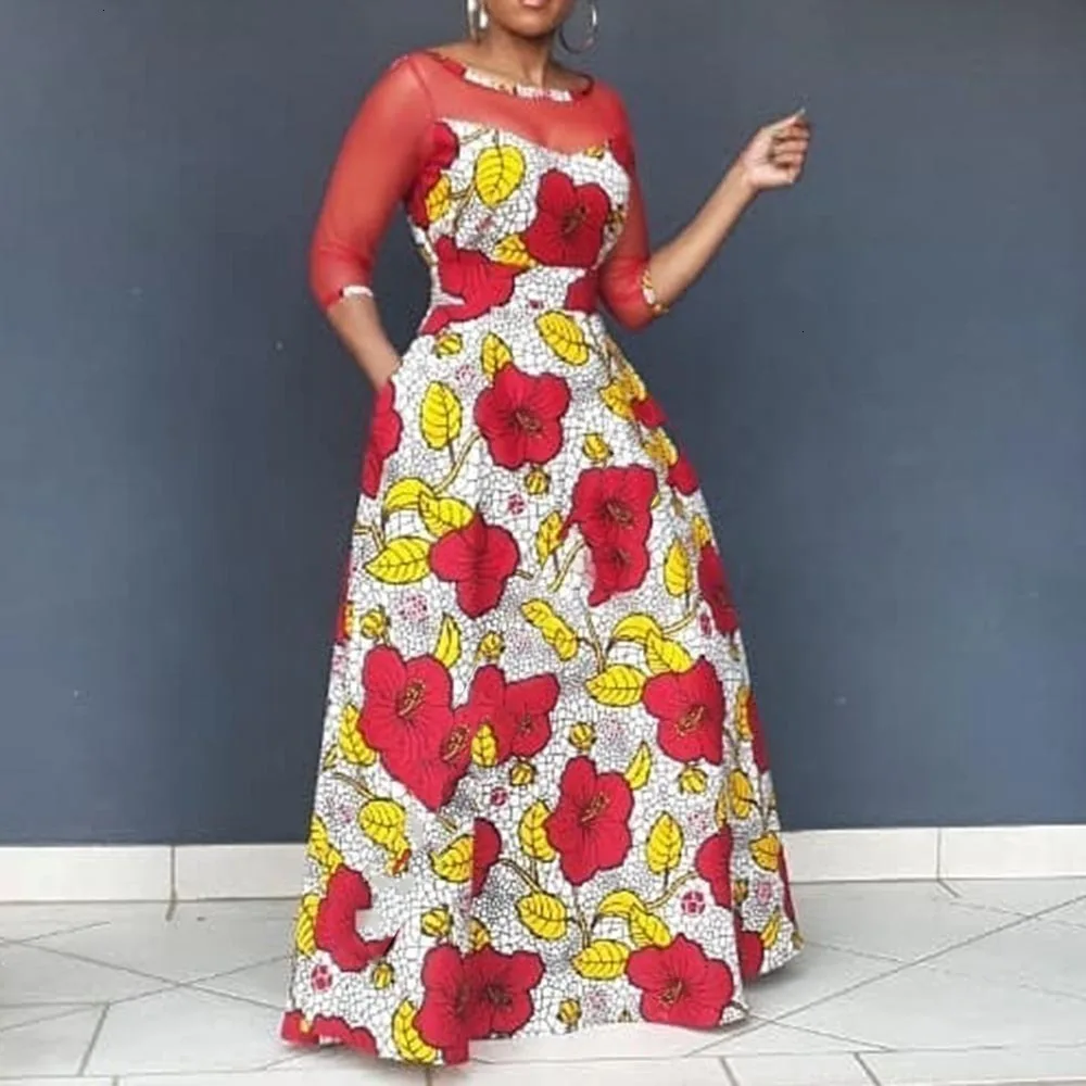 

A Line Red Floral Printed Vintage Long Dress Women Mesh Patchwork Transparent Sexy Plus Size African Ladies Maxi Dress Retro