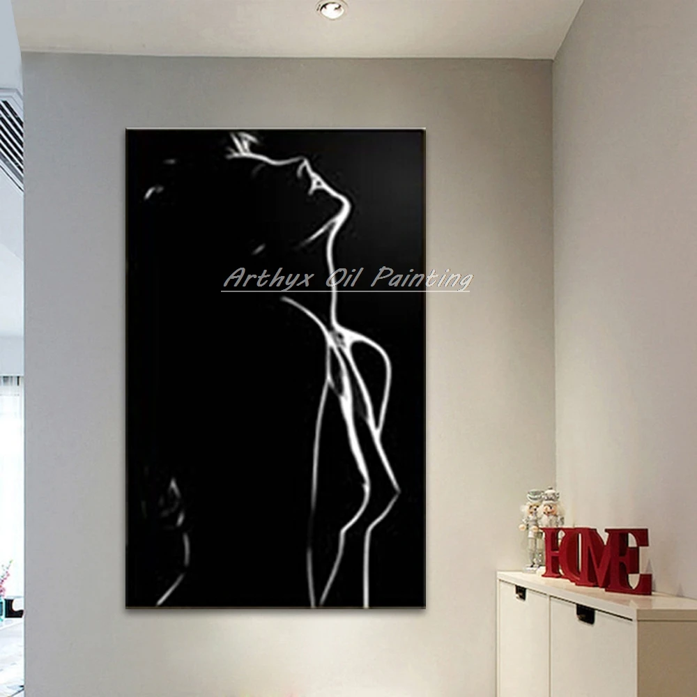 

Arthyx Art Hand Painted Elegant Black Nude Oil Painting On Canvas,Sexy Nude Beauty in Darkness Wall Pictures For Home Decoration