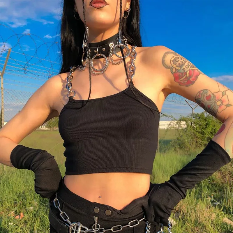 ArtSu Metal Chain Straps Sexy Cropped Tank Top Women 2020 Streetwear Club Crop Top Summer Vest Fashion Black White Green Tops