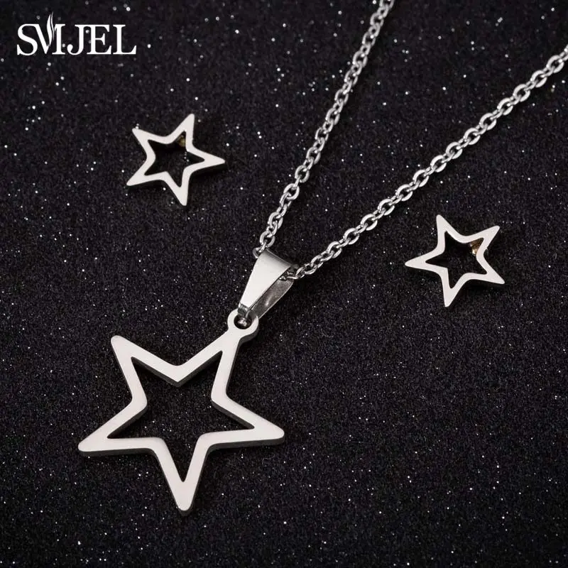 SMJEL, ювелирные наборы из нержавеющей стали, геометрические баскетбольные сердца, полые звезды, ожерелья для женщин, милый кот, серьги, подвески, Brincos - Окраска металла: Silver Set