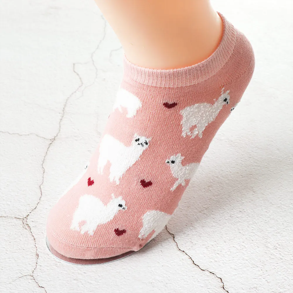 Уютные хлопковые короткие невидимые крошечные носки с сердечками в виде ламы с изображением животных, 5 цветов - Цвет: Розовый